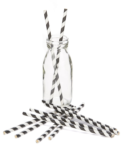 10 Pailles en carton rayées noires 19,5 cm