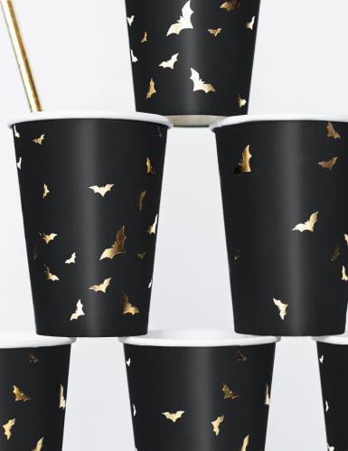 6 gobelets en carton chauve-souris noirs et dorés 220 ml pour Halloween