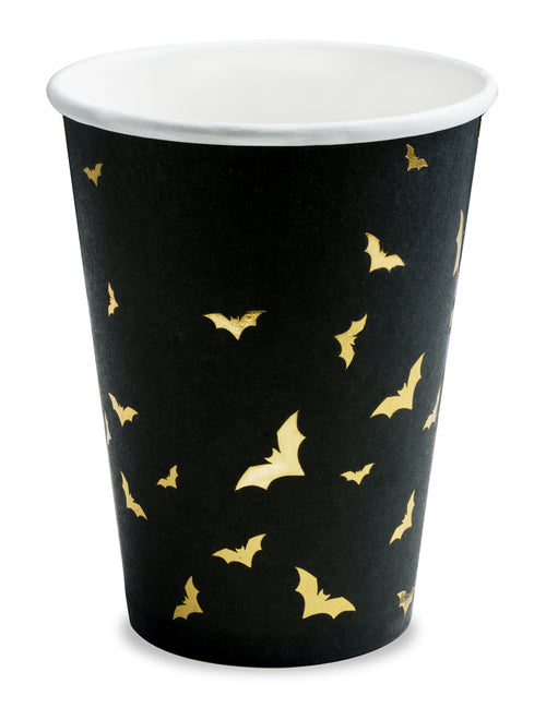 6 gobelets en carton chauve-souris noirs et dorés 220 ml pour Halloween