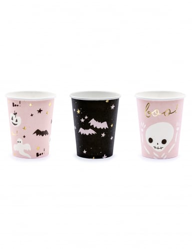 6 gobelets en carton halloween roses et noirs 220 ml mignons