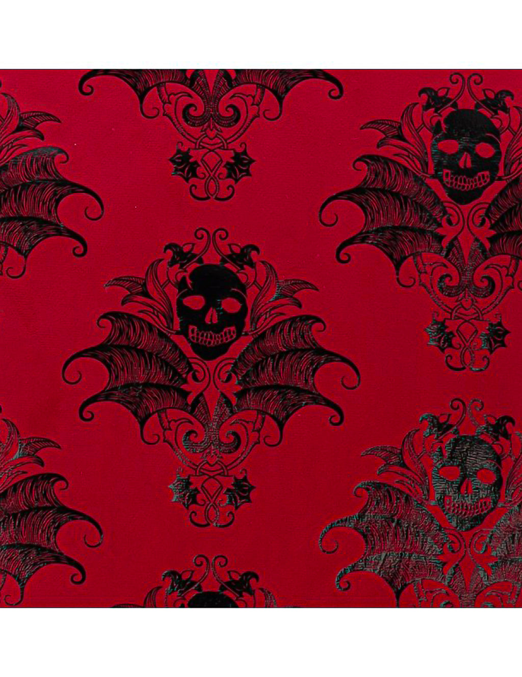 Pack décoration Restaurant Banquet Macabre — Chemin de table effet velours bordeaux motif crânes baroques noirs 3 m