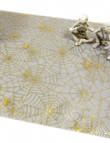 Chemin de table en organza noir toile d'araignée dorée 29 cm x 5m chic halloween