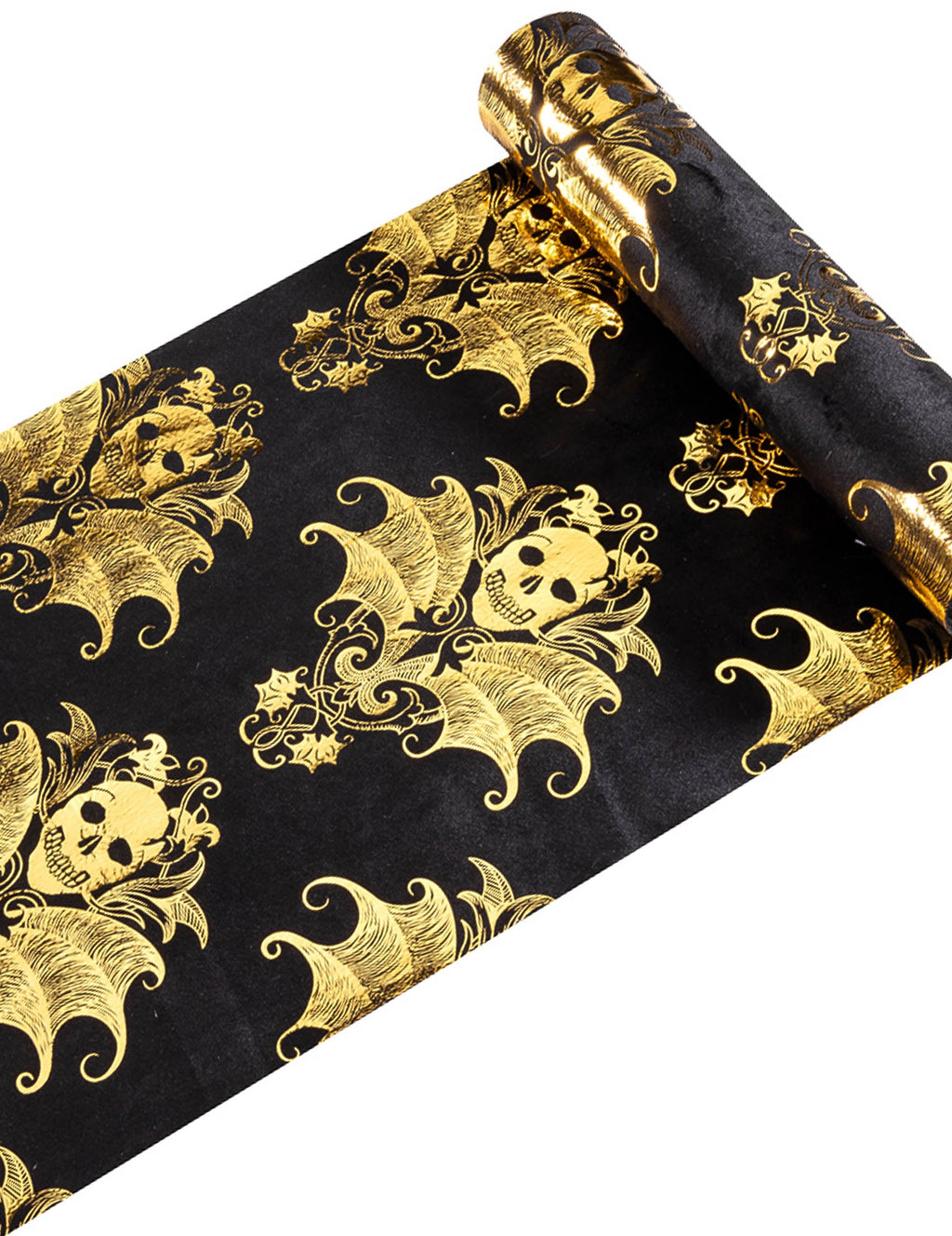 Le manoir gothique — chemin de table lavable en velours noir et crânes dorés, 3 m
