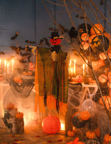 Décoration à suspendre épouvantail citrouille Halloween 1 m