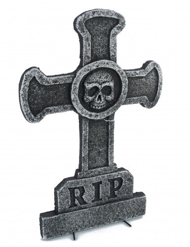 Décoration pierre tombale croix avec tête de mort 39 x 58 cm