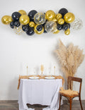 Kit arche de 34 ballons Halloween noir, or et transparent avec chauve-souris