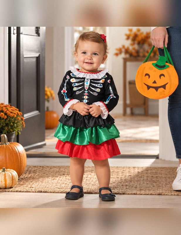 Illustration du Pack squelette Dia de los muertos bébé fille porté, décor non inclus