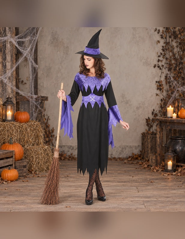 Illustration du Pack sorcière violette avec chapeau femme Halloween porté, décor non inclus