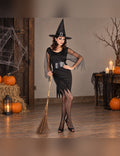 Illustration du Pack sorcière manches en tulle femme Halloween porté, décor non inclus