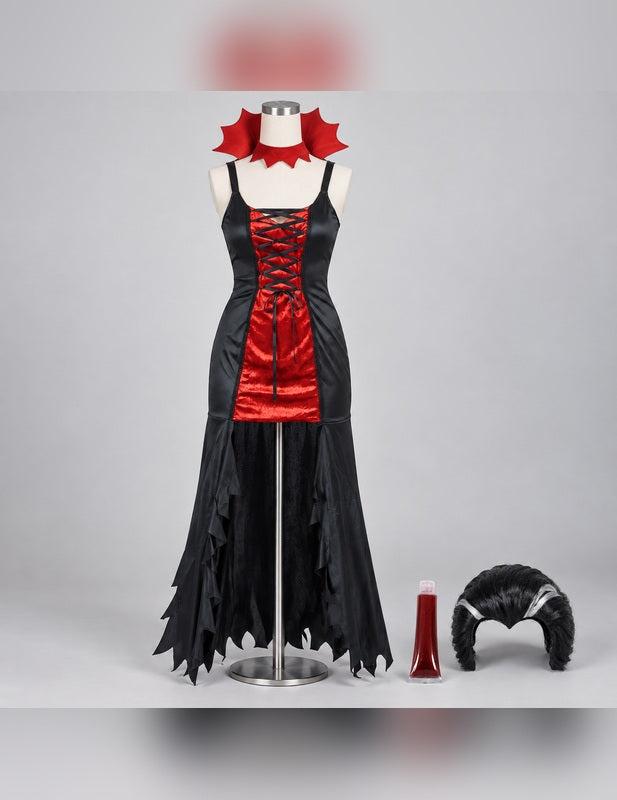 Illustration du Pack vampire femme rouge et noir Halloween porté, décor non inclus