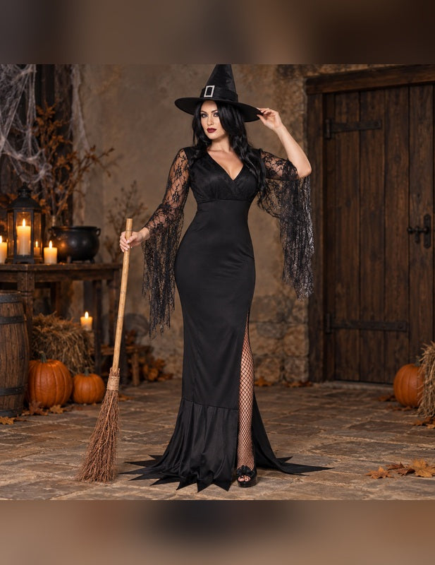 Illustration du Pack sorcière avec dentelle noire femme Halloween porté, décor non inclus