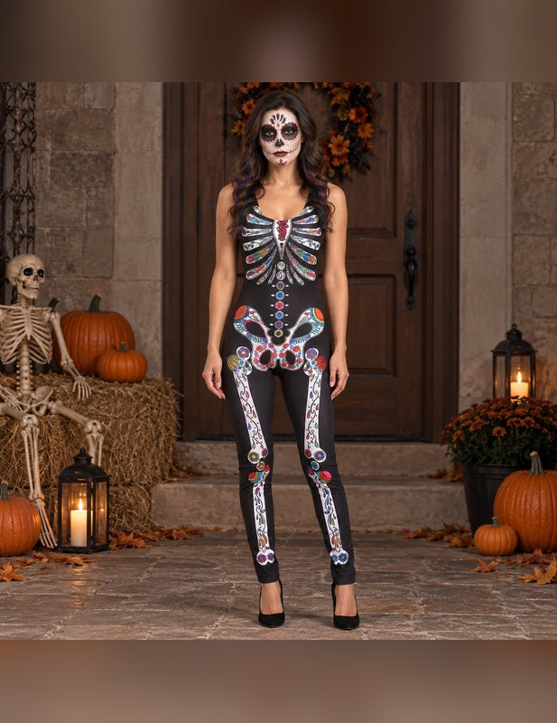 Illustration du Pack Squelette Dia de los muertos femme porté, décor non inclus