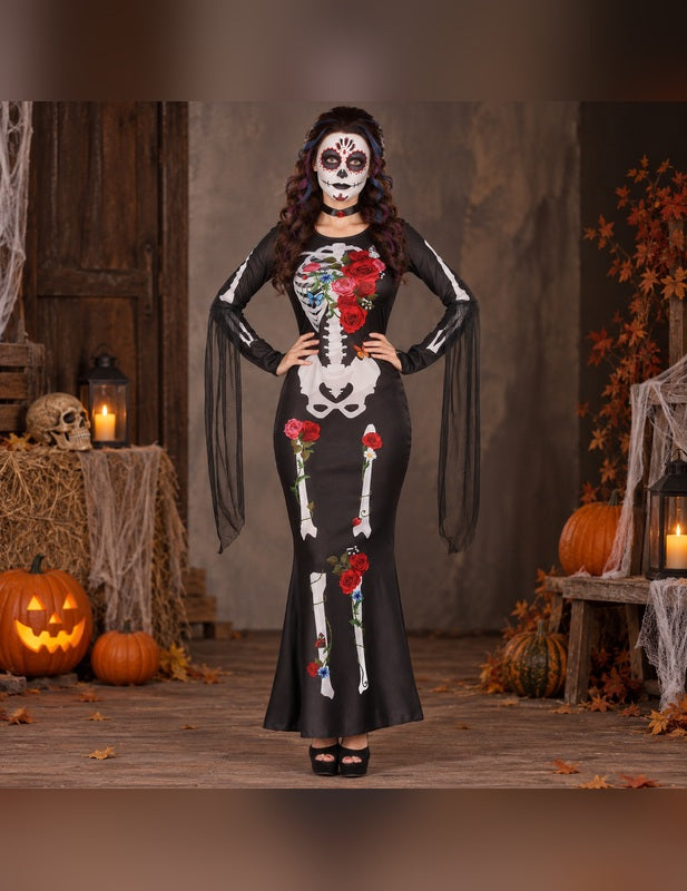 Illustration du Pack robe squelette femme Dia De los Muertos porté, décor non inclus