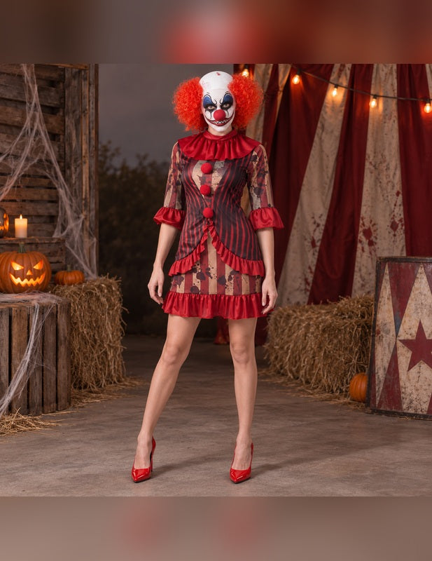 Illustration du Pack clown terrifiant rouge femme porté, décor non inclus