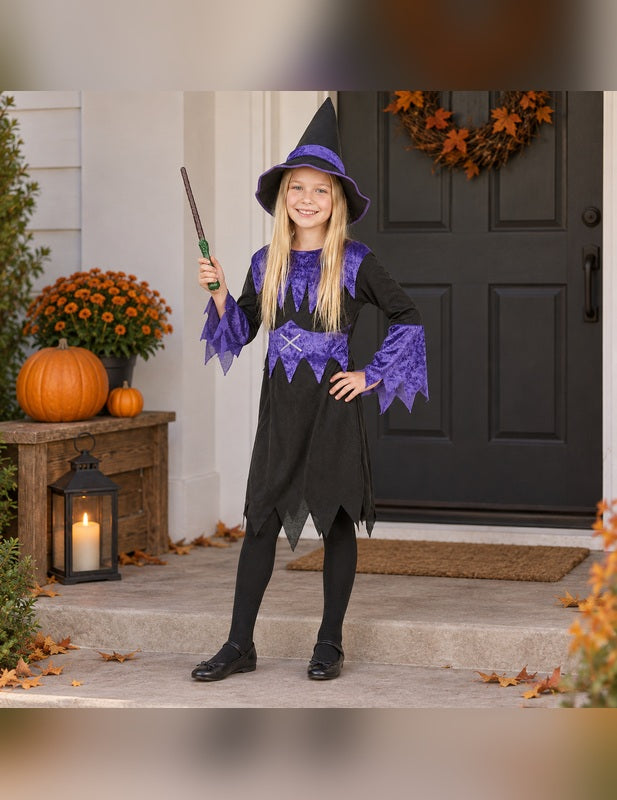 Illustration du Pack violet de sorcière fille Halloween porté, décor non inclus