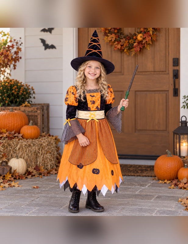 Illustration du Pack sorcière orange fille Halloween porté, décor non inclus