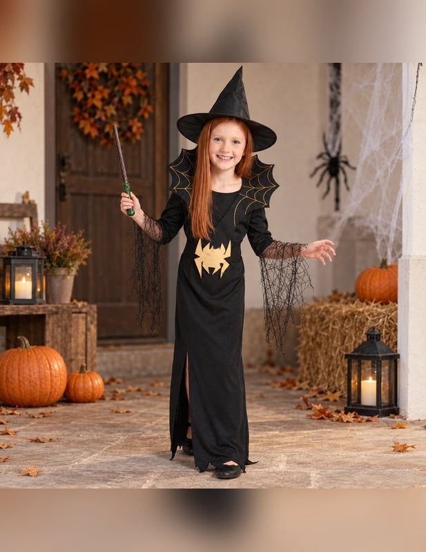 Illustration du Pack sorcière araignée dorée fille Halloween porté, décor non inclus