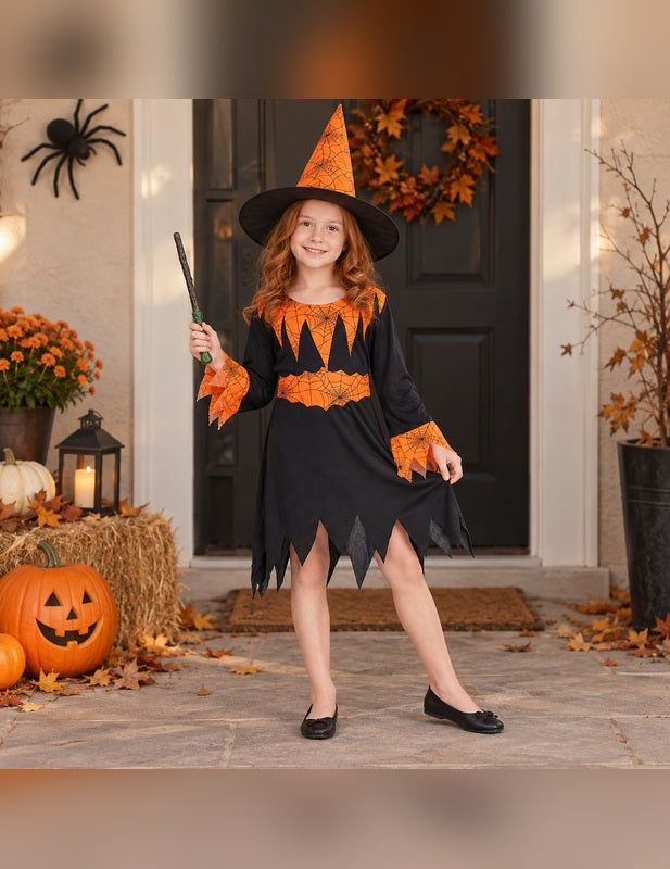 Illustration du Pack sorcière orange et noire fille porté, décor non inclus