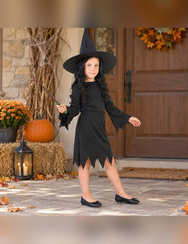 Illustration du Pack noir de sorcière fille Halloween porté, décor non inclus