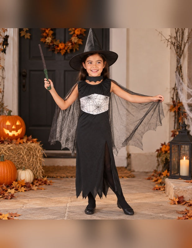 Illustration du Pack sorcière araignée fille Halloween porté, décor non inclus