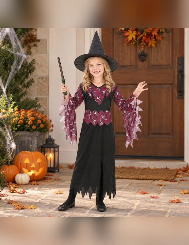 Illustration du Pack sorcière avec chapeau fille Halloween porté, décor non inclus