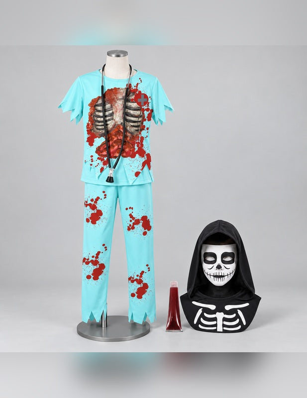 Illustration du Pack docteur zombie enfant Halloween porté, décor non inclus