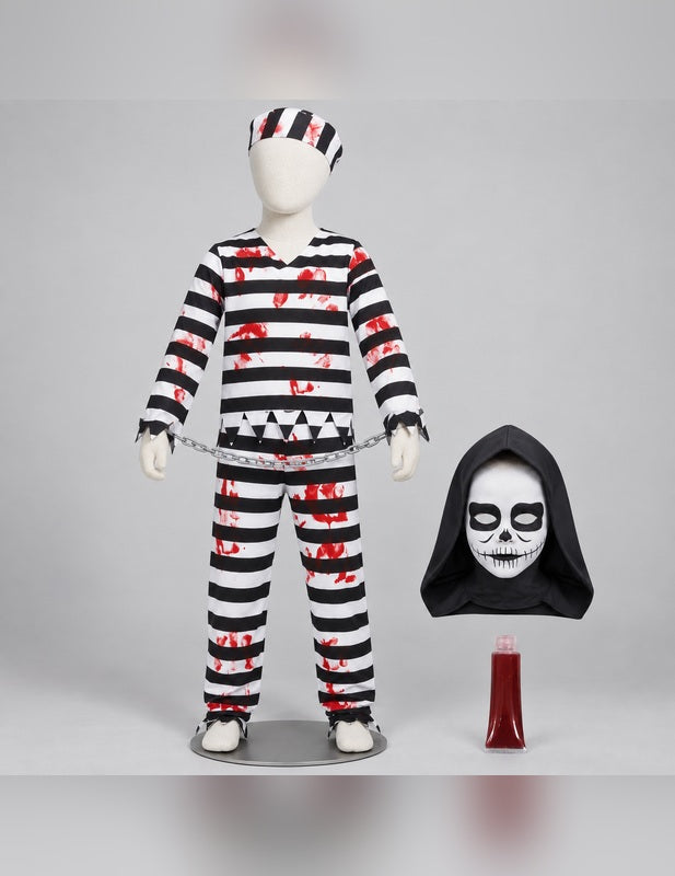Illustration du Pack zombie prisonnier garçon Halloween porté, décor non inclus