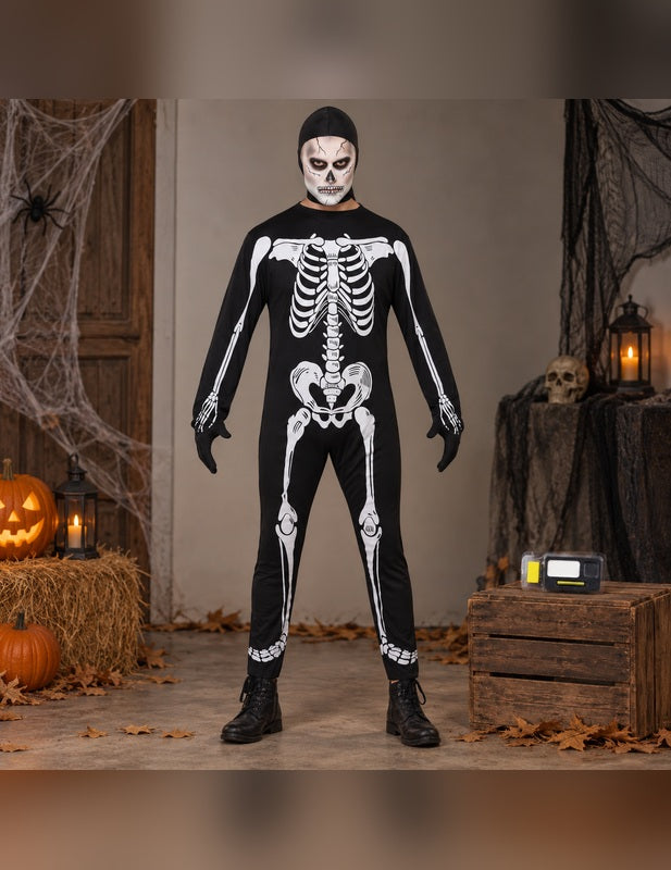 Illustration du Pack squelette homme avec cagoule Halloween porté, décor non inclus