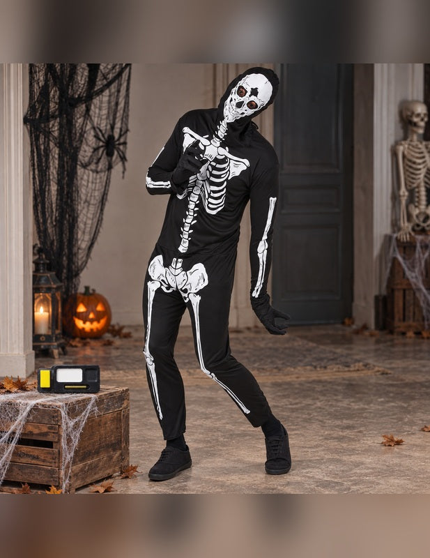 Illustration du Pack noir squelette homme Halloween porté, décor non inclus